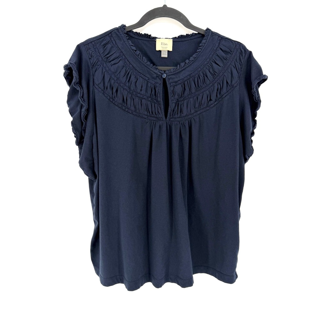 Elie Tahari Top Flutter Sleeve Ruched Lace Navy Blue 2X Plus Size Cotton Modal